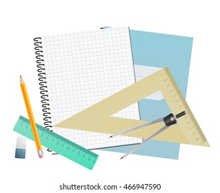 Notebook blank page, rulers, pencil, divider and eraser. School background. vector illustration