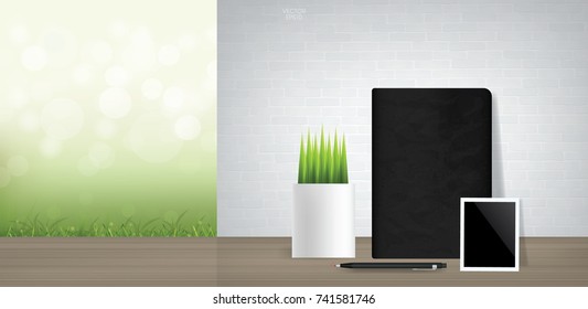 Notebook and blank photo frame with decoration plant in vintage room space background with green natural area. Vector illustration.
