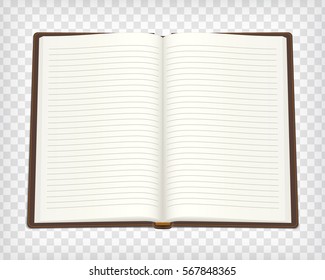 Notebook, blank sketchbook mock-up. Empty agenda, diary or note book with brown cover. Open textbook with lines. Add your text or design. Vector illustration.