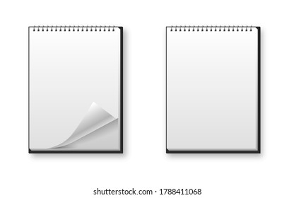 Notebook blank spiral mock up vector isolated white paper template, note book realistic diary page element illustration