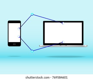 notebook with blank white screen Connected to smartphone. data syncs concept. Vector illustration.
