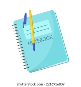 Notebook with blue cover and pen vector illustration. School supplies, cartoon drawing of notepad or copybook and writing tool isolated on white background. Back to school, education concept