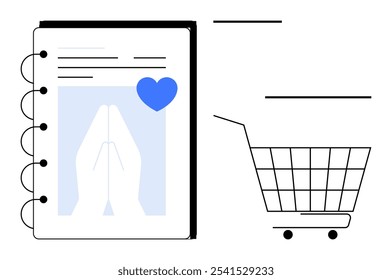 Notebook with a blue heart and praying hands on one page along with a simplistic shopping cart. Ideal for spiritual, retail, productivity, organization, online shopping themes. Simple outlined style