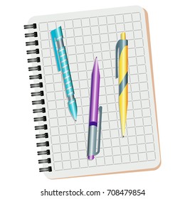 Notebook,  blue  pen, purple pen and yellow pen on a white background
