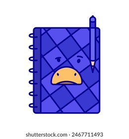 A notebook with a blue purple square print and a yellow duck beak on the notepad cover. An icon colored and made on a white background for education