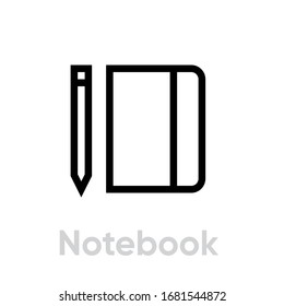 Notebook book icon. Editable line vector. Rectangular symbol stationery with a vertical line, pencil, pen next. Single pictogram.