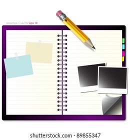 Notebook with book mark, pencil and instant photo