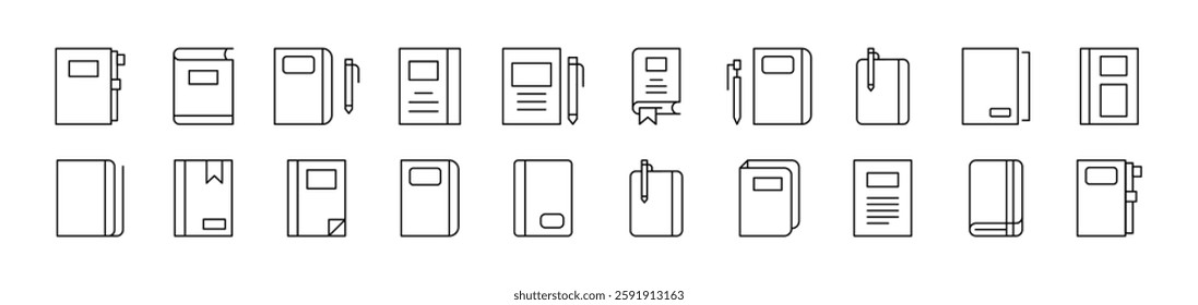 Notebook, Book for Notes Icon Set for UI, Placards, Books, Apps. Editable Stroke. Suitable for Web Sites, Books, Cards, Apps