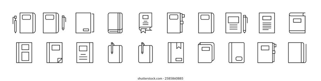 Notebook, Book for Notes Pack of Thin Icons. Editable Stroke. Suitable for Web Sites, Books, Cards, Apps