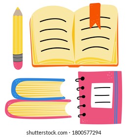 Notebook and book set, hand drawn school student supplies notebooks notepad, stationery for invitation or gift card, scrapbook flat cartoon vector isolated collection