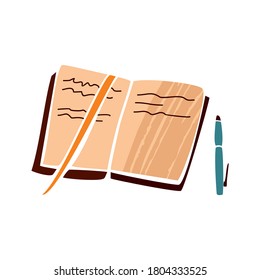 Notebook with a bookmark in the form of a ribbon with a pen drawn by hand isolated on a white background. Elements for recording observations, thoughts, and handwritten meditation. Vector illustration