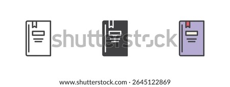 Notebook with bookmark icon in line, solid and colorful filled outline styles. Vector journal, diary or study notes office symbol icon.