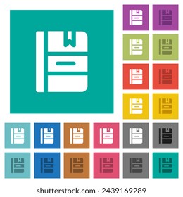 Notebook with bookmark solid multi colored flat icons on plain square backgrounds. Included white and darker icon variations for hover or active effects.