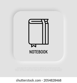 Notebook mit Lesezeichen-Thin-Line-Symbol. Werbemittel. Moderne Vektorgrafik.