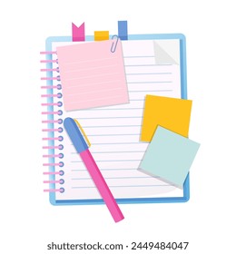 Notebook with bookmarks, colorful sticky notes and pen isolated on a white background.