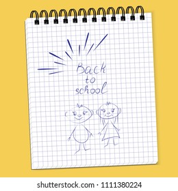 notebook in a box with a signature back to school and a children's drawing on a yellow background