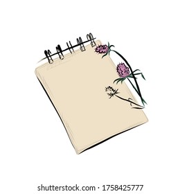 Notebook with branch of flowers. Sketchbook for notes and drawing