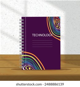 Notebook burgundy with a rainbow pattern in the form of lines