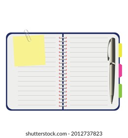 Notebook for business meetings with a pen and a note, vector illustration in a flat style