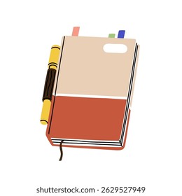 Notebook, business planner, office diary. Paper notepad, organizer with pen, tabs and bookmarks. Closed journal for work planning, note taking. Flat vector illustration isolated on white background