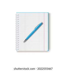 a notebook in a cage with a blue pen lying on it. Vector isolated illustration on a school or office theme in the flat lay style. A symbol of planning, training, and time management. Icon