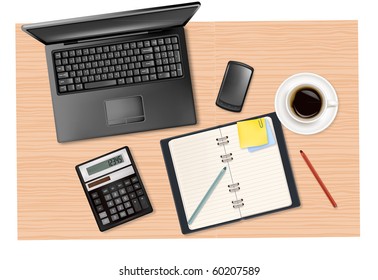 Notebook, calculator and office supplies on the table. Vector.