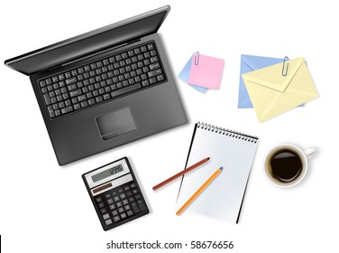 Notebook, calculator and office supplies. Vector.