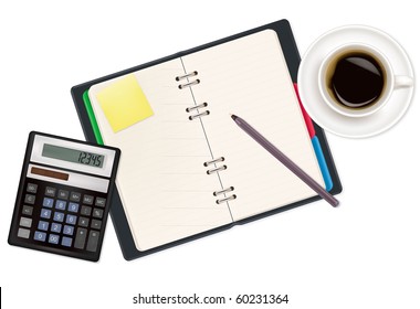 Notebook, calculator and office supplies. Vector.