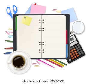Notebook, calculator and office supplies. Vector.