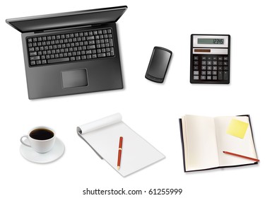 Notebook, calculator and office supplies. Vector.