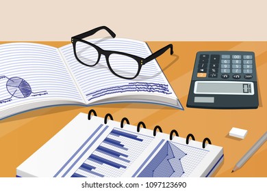 Notebook and calculator set of items, books with clips information, data diagrams charts, pencil eraser on desk, isolated vector illustration working table