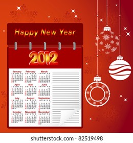 Notebook with calendar for 2012 and christmas balls. Vector.