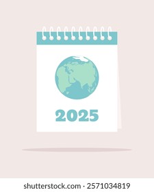 Notebook or calendar with the image of the Earth globe and the number 2025 on the cover. Flat vector illustration