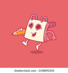 Notebook character holding a pencil vector illustration. Education, brand, funny design concept.