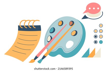 Notebook and chat bubble with dots, isolated color palette for drawing, artist tools for creating masterpieces. Notes with blank paper for writing and painting sketches. Vector in flat style