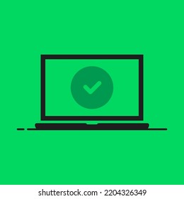 notebook with check mark like online vote icon. concept of easy access and program or os upgrade. flat modern simple authorization or registration logotype design web element isolated on green