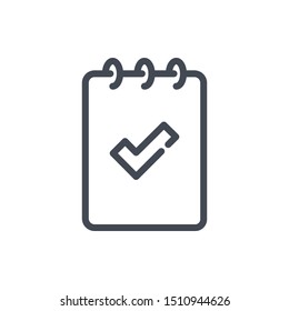 Notebook with check mark line icon. Approved information vector outline sign.