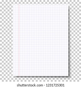 Notebook checkered sheet of paper placed vertically isolated on transparent background. Vector paper template.