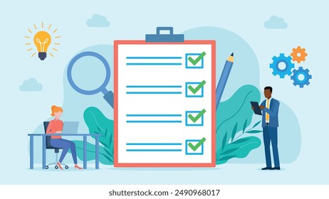 Notebook with checklist. All fields marked green. Next to the checklist stands an employee with a tablet and an employee working on a laptop. Flat design vector.