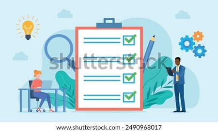 Notebook with checklist. All fields marked green. Next to the checklist stands an employee with a tablet and an employee working on a laptop. Flat design vector.