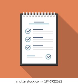 Notebook with checklist in a flat design with long shadow