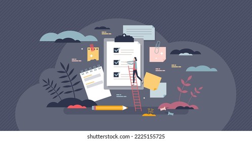 Notebook checklist and paper list with work tasks plan tiny person concept. Effective job time management with clipboard for daily priorities vector illustration. Productive organization with reminder