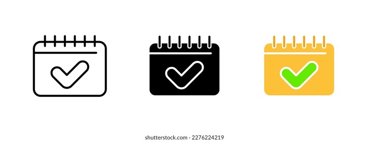 A notebook with a checkmark icon, symbolizing the act of completing tasks or checking off items from a to-do list. Vector set of icons in line, black and colorful styles isolated.
