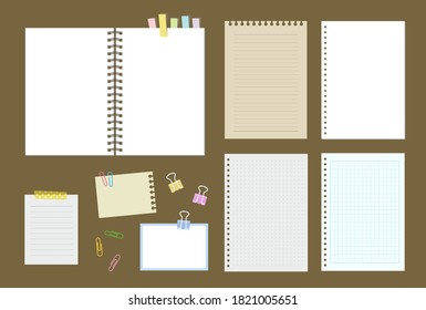 notebook, clip and various blank papers.