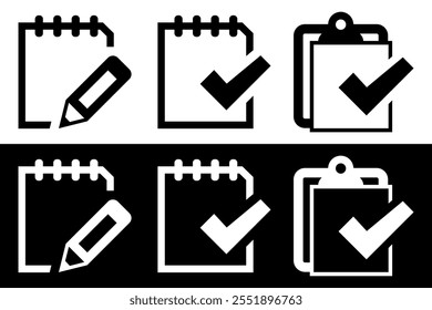 Conjunto de Ícones do Bloco de Anotações e da Área de Transferência com Lápis e Marcas de Seleção. Ilustração vetorial isolada no plano de fundo preto e branco.