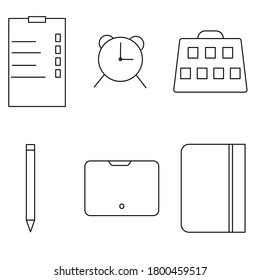 Symbole für Notebook, Uhr, Kalender, Stift, Tablet und Checkliste. Vektorgrafik. 