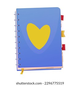 Notebook closed with spiral, marks top view with heart in blue and yellow colors in cartoon style isolated on white background. Office, school diary.