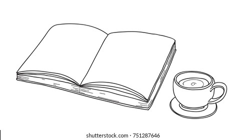 notebook and coffee cup line art hand drawn vector line art illustration