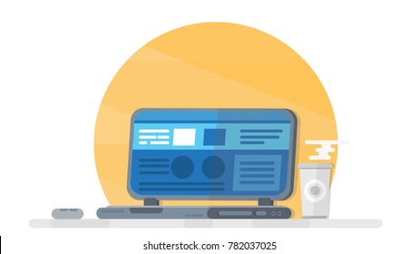 Notebook and coffee illustration.notebook flat icon.laptop illustration