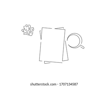 Notebook and coffee isolated line drawing, vector illustration design.